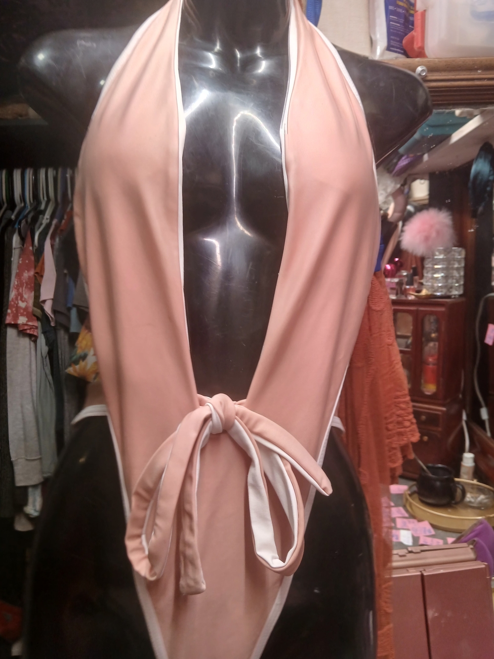 Peach Halter One-Piece Swimsuit with White Trim
